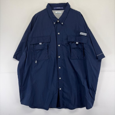 古着 コロンビア Columbia 半袖シャツ ワンポイント 胸ポケット フィッシング PFG OMNI-SHADE 大きいサイズ 刺繍 3XL ネイビー メンズ