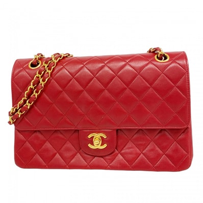 【6fd5926】シャネル ショルダーバッグ マトラッセ Wフラップ Wチェーン ラムスキン レッド ゴールド金具【中古】レディース