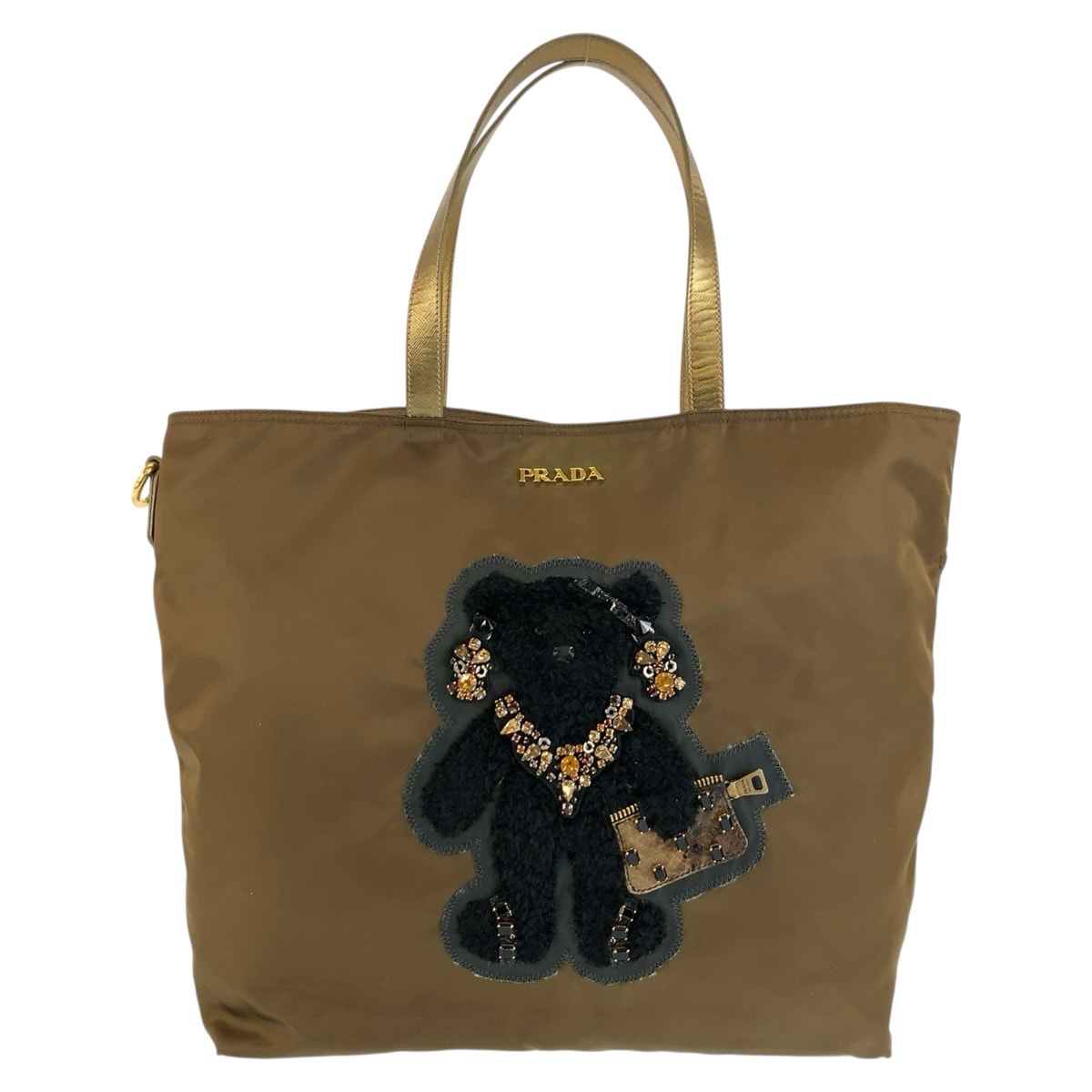 PRADA プラダ テスート テディベア ビジュー カーキ ブラック ゴールド金具 ナイロン パイソン/ トートバッグ ショルダーバッグ 604690 【中古】