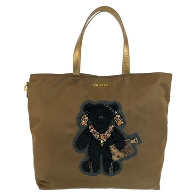 PRADA プラダ テスート テディベア ビジュー カーキ ブラック ゴールド金具 ナイロン パイソン/ トートバッグ ショルダーバッグ 604690 【中古】