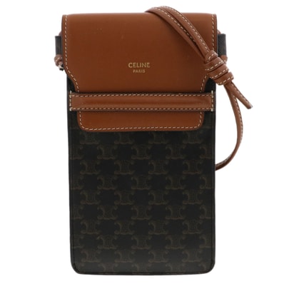 CELINE セリーヌ フラップ付き モバイルポーチ 携帯ケース 10G332 PVC レザー カーキ ブラウン レディース【中古】