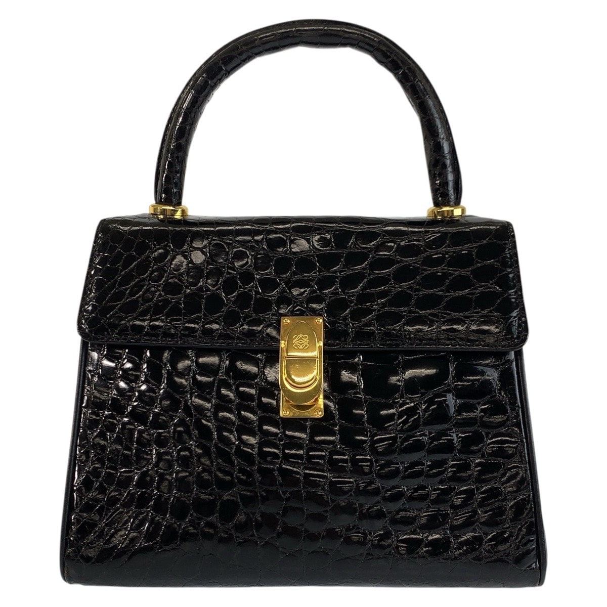 美品 LOEWE ロエベ ヴィンテージ アナグラム ブラック 黒 ゴールド金具 クロコダイル ハンドバッグ 600651 【中古】