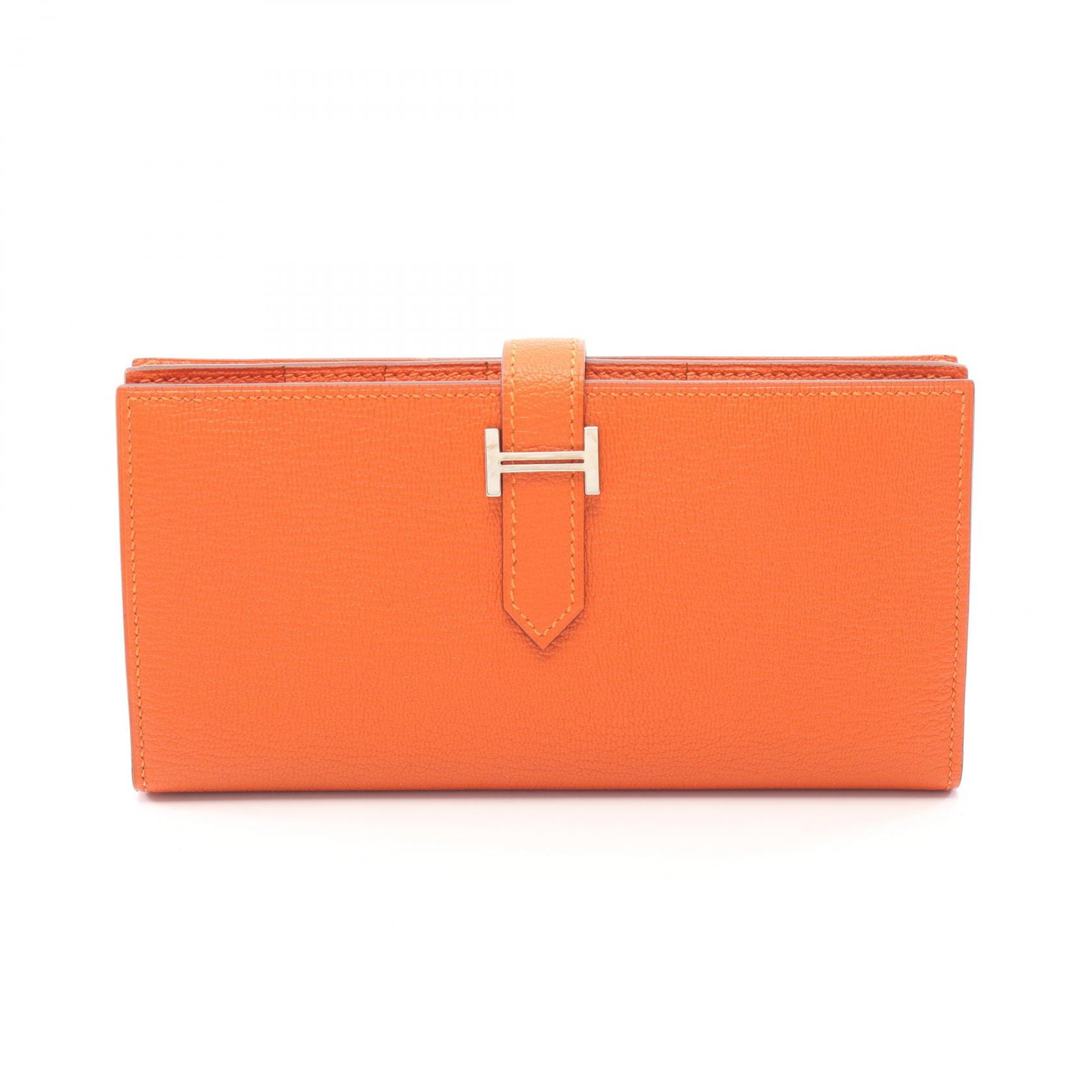 エルメス HERMES ベアンスフレ 二つ折り長財布 財布 レザー シェーブル シェーブル オレンジポピー X刻印(2016年製造) レディース オレンジ系 【中古】