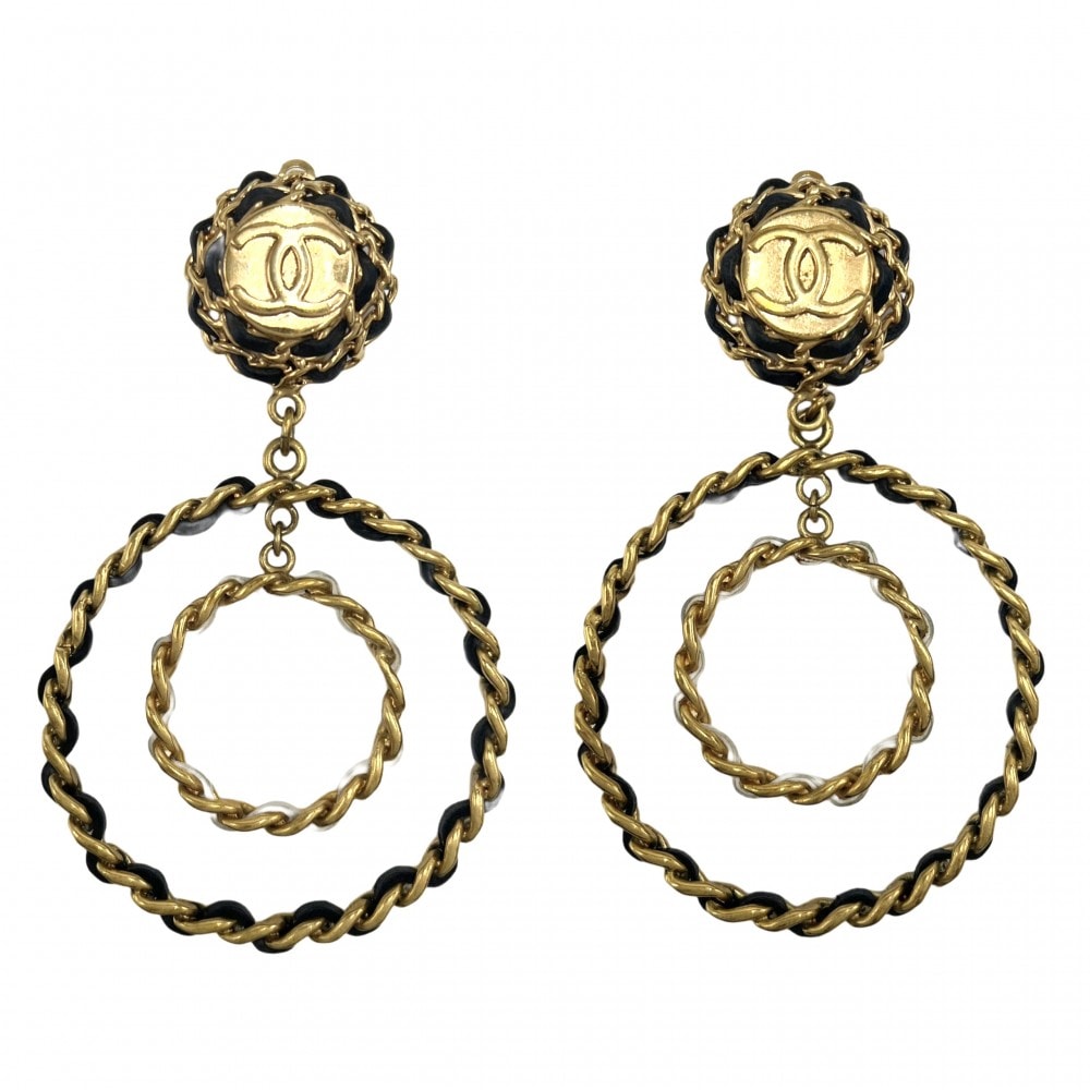 CHANEL シャネル イヤリング ココマーク スイング アクセサリー チェーン GP レザー 93C ブラック 黒 ゴールド金具 レディース 約85.1g 1993年【中古品】