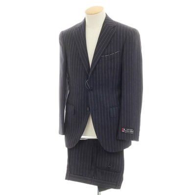 【中古】ビームスエフ BEAMS F サマーウール ストライプ 3つボタンスーツ ダークネイビーxグレー【サイズ90】【メンズ】