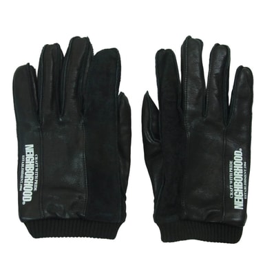 NEIGHBORHOOD ネイバーフッド 22AW LEATHER PANEL GLOVE ロゴプリント レザー グローブ 手袋 ブラック系 M【中古】