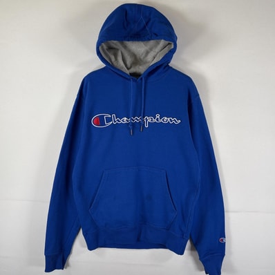 古着 チャンピオン Champion パーカー プルオーバー フーディ スウェット ワンポイントロゴ刺繍 S ブルー メンズ