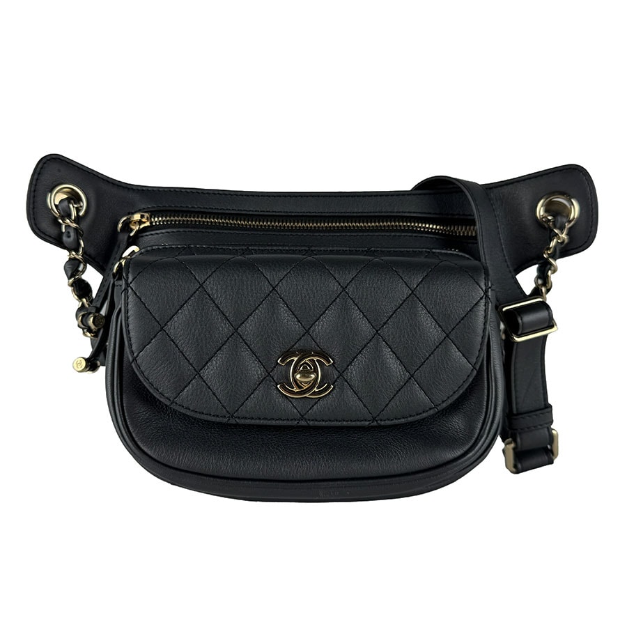 シャネル CHANEL ショルダーバッグ レザー グレー ゴールド レディース【中古】 z10897