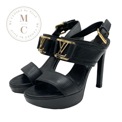 ルイヴィトン LOUIS VUITTON ホライズンライン サンダル 靴 シューズ レザー ブラック 黒 ゴールド LV金具