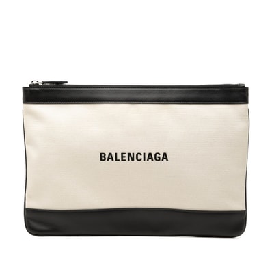 バレンシアガ ネイビークリップM クラッチバッグ セカンドバッグ 420407 ベージュ ブラック キャンバス レザー レディース BALENCIAGA 【中古】