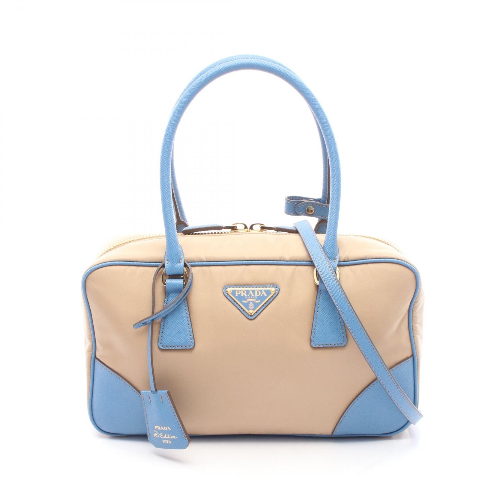 プラダ PRADA Re-Edition 1978 ミディアム 2WAY ハンドバッグ バッグ ナイロン サフィアーノレザー レディース ベージュ系 / ブルー系 1BB114 【中古】