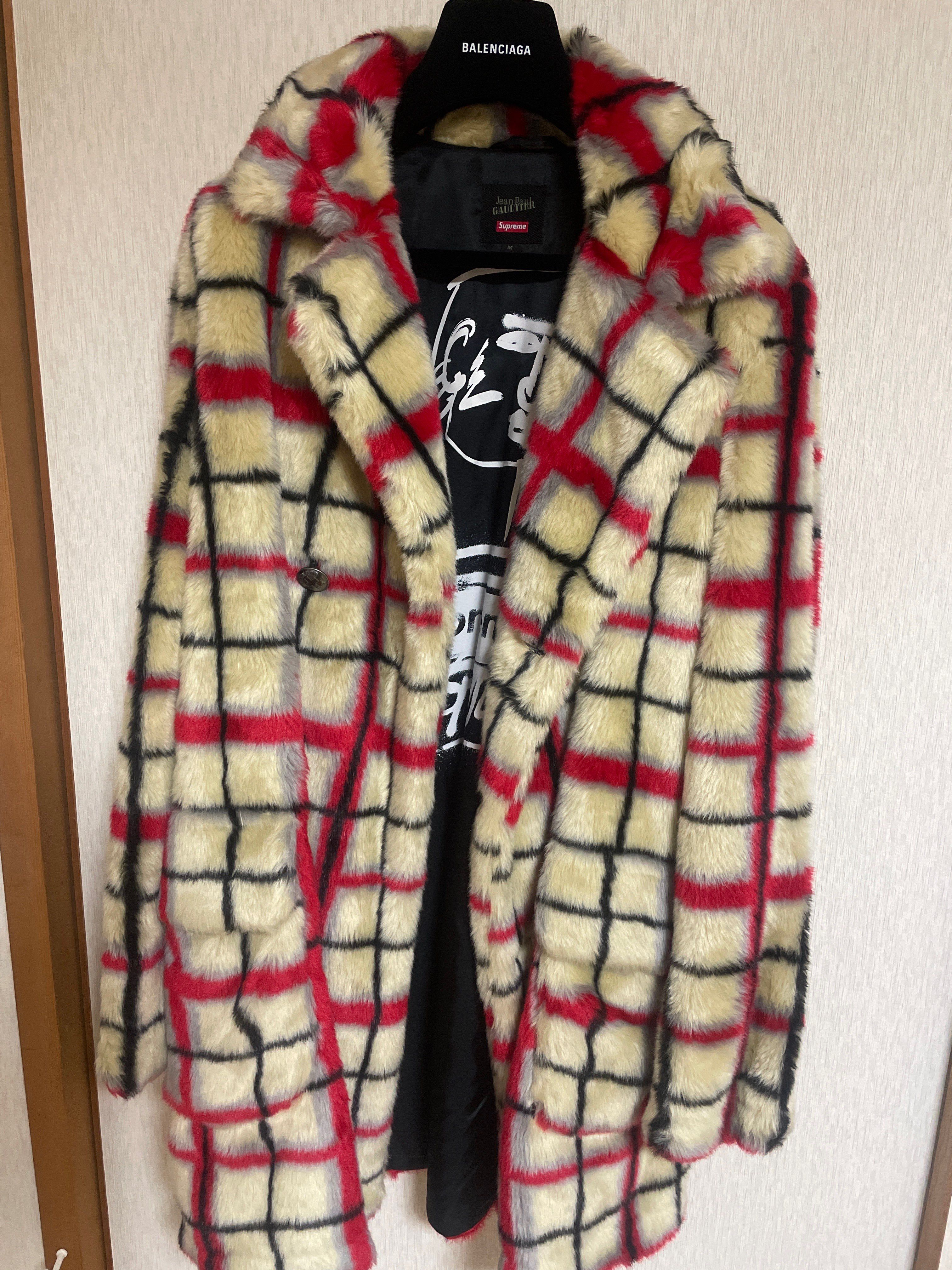 Supreme Jean Paul Gaultier Double Breasted Plaid Faux Fur Coat "Off White"