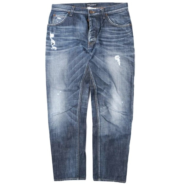 DOLCE&GABBANA ドルチェアンドガッバーナ イタリア製 ロゴプレート付き ダメージ加工デニムパンツ G32MAP / G8K92 44 Indigo ボタンフライ テーパード ジーンズ ボトムス g27736