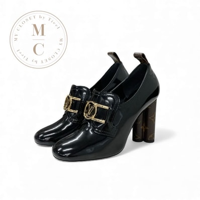 ルイヴィトン LOUIS VUITTON スウィフトライン モノグラム パンプス 靴 シューズ パテント ブラック ブラウン ゴールド LVロゴ ヒールローファー