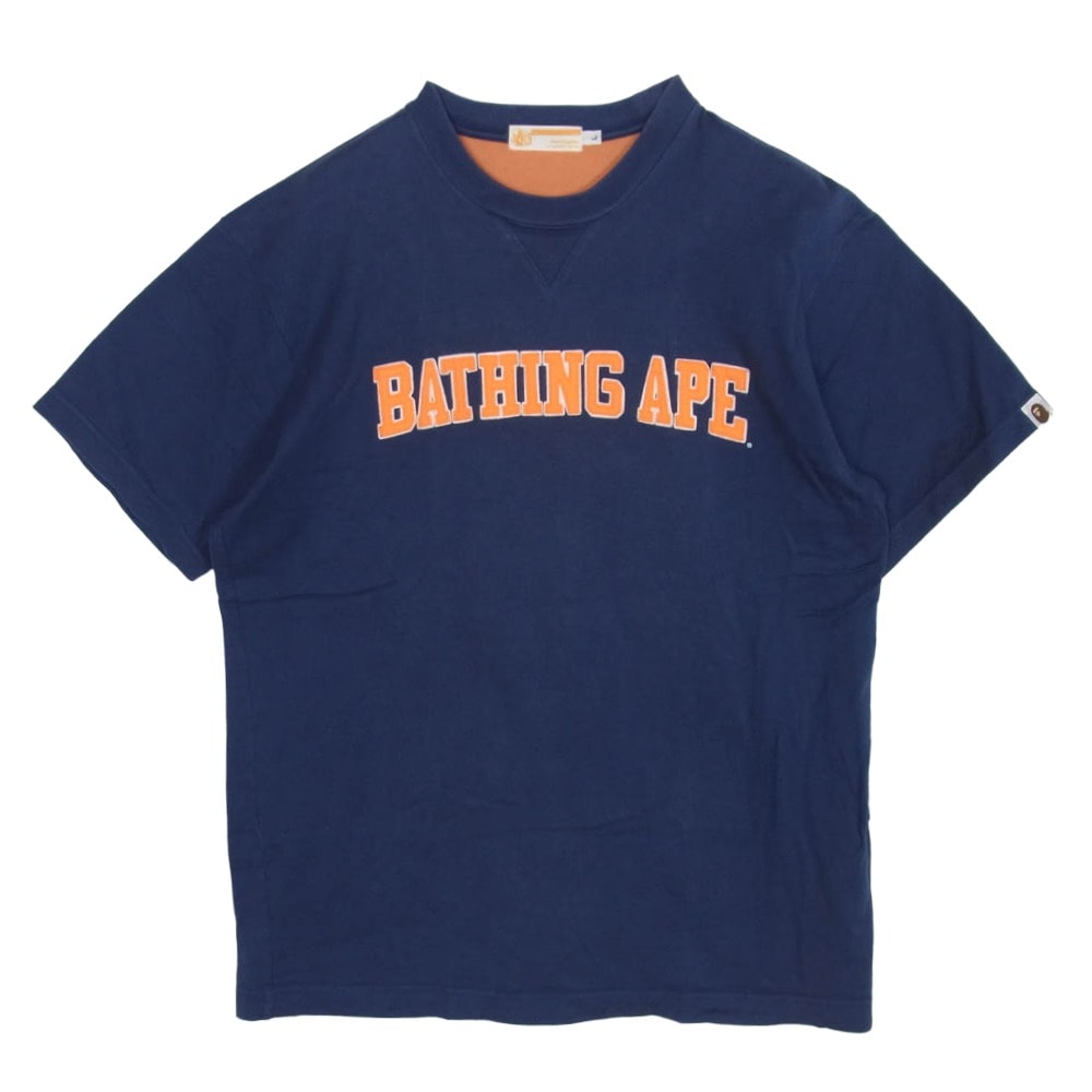 A BATHING APE アベイシングエイプ Tシャツ 前V ロゴワッペン クルーネック 半袖 Tシャツ カットソー ネイビー系 L【中古】