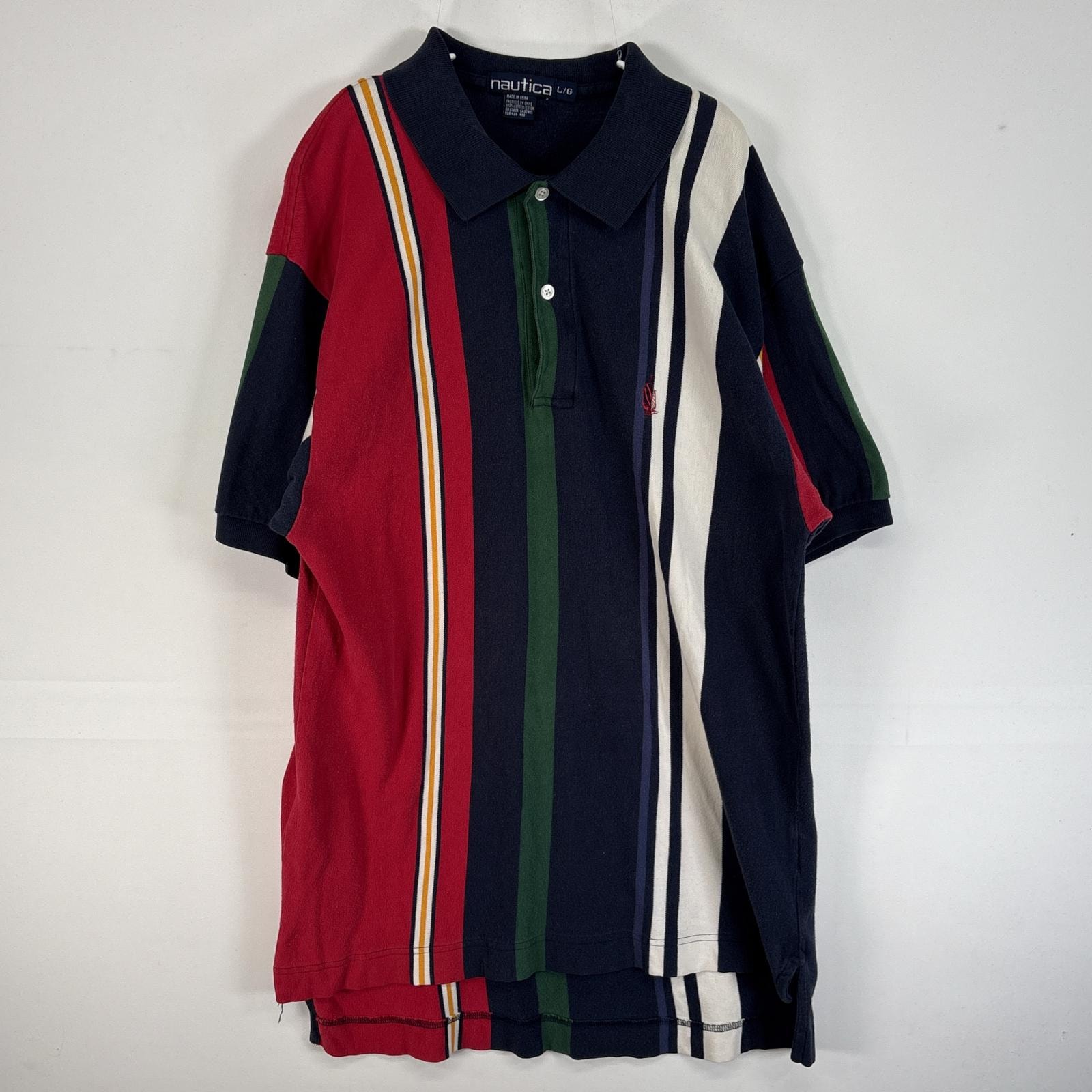 古着 90's/90年代 ノーティカ NAUTICA 半袖 ポロシャツ ロゴ 刺繍 大きいサイズ ストライプ L ネイビー マルチカラー メンズ