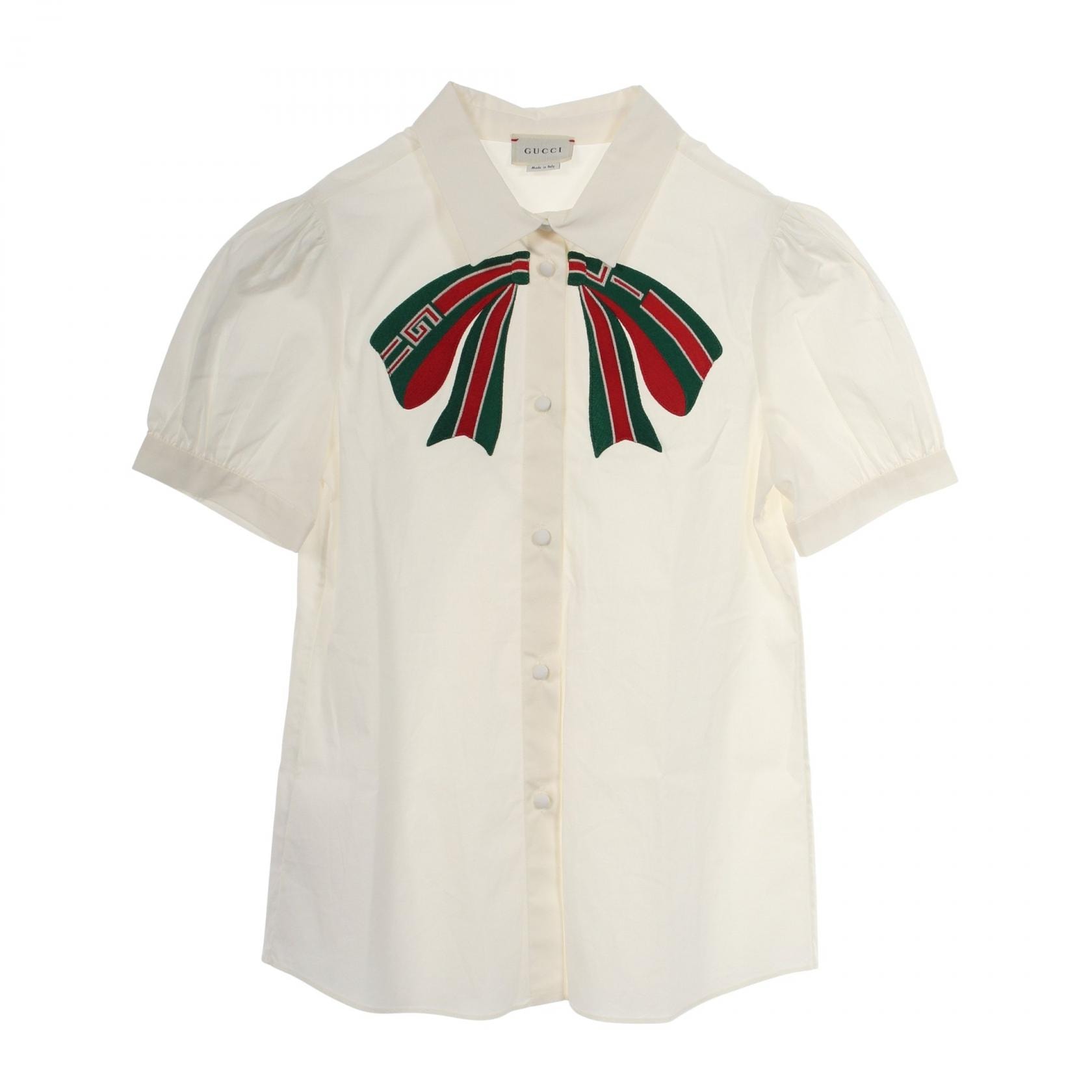 グッチ GUCCI リボン刺繍 半袖 キッズ 衣料品 トップス コットン レディース ホワイト系 / グリーン系 / レッド系 【中古】