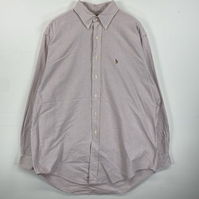 古着 90's/90年代 ラルフローレン RALPH LAUREN 長袖シャツ ボタンダウン ワンポイントロゴ刺繍 オックスフォード L ピンク系 ストライプ メンズ