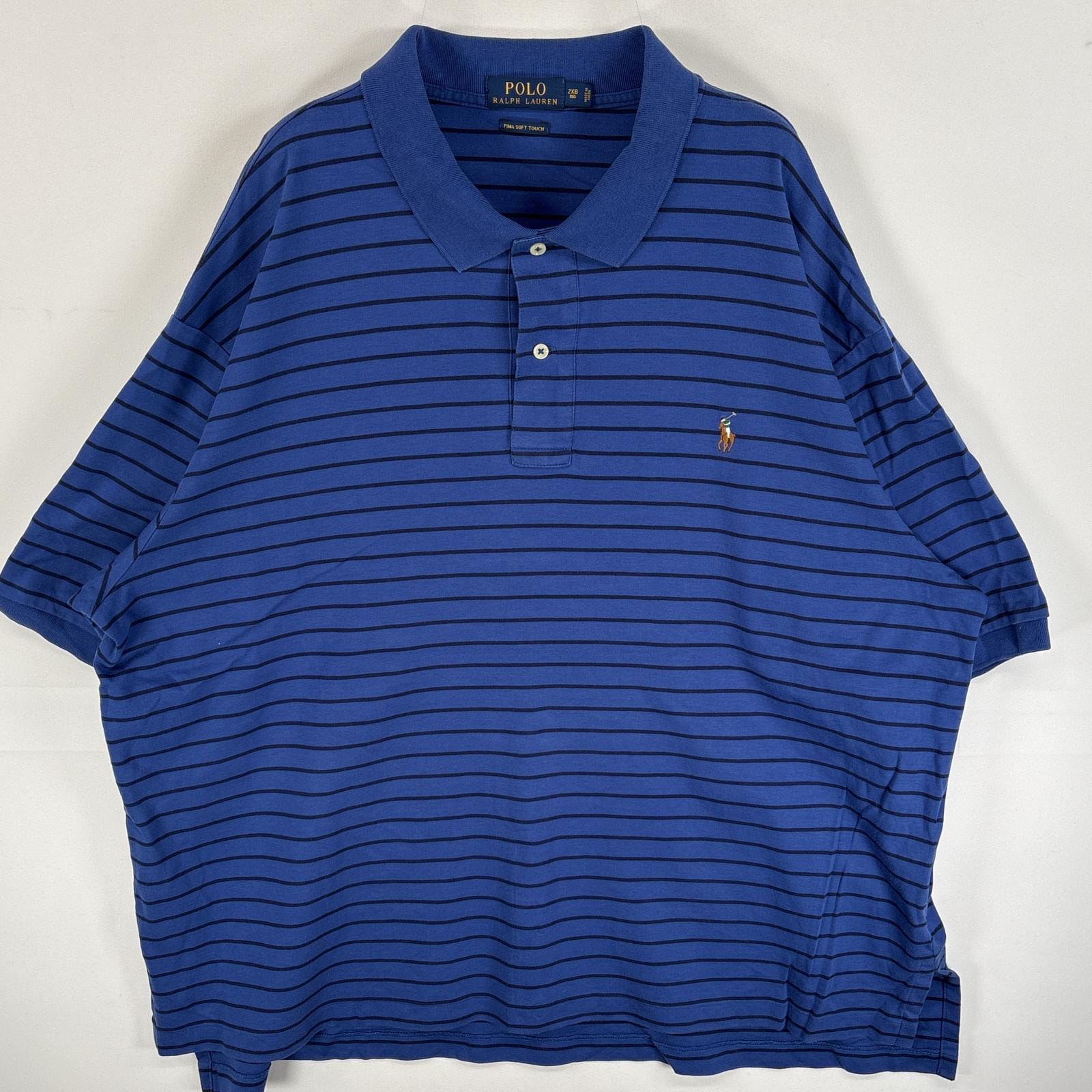 古着 ポロ・ラルフローレン POLO RALPH LAUREN 半袖 ポロシャツ ワンポイント ロゴ 刺繍 2ボタン 大きいサイズ 2XB  ブルー系 ボーダー メンズ