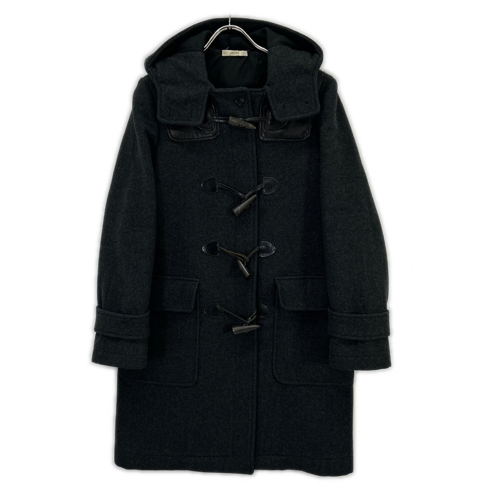 セリーヌ フィービー期 28G944154 チャコールグレー ウール×ラムスキン フーデッドダッフルコート 34