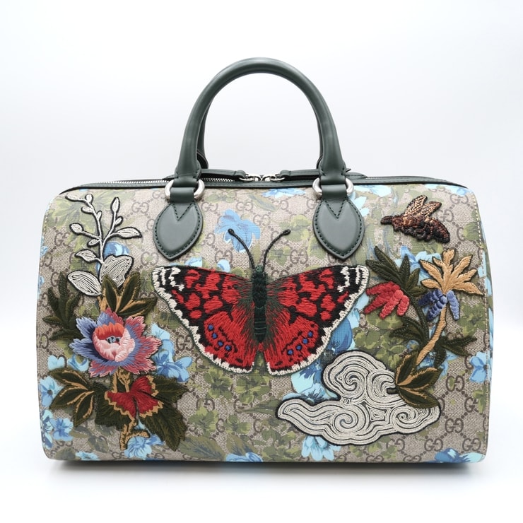 GUCCI(グッチ)リネア A バタフライ エンブロイダリー ボストンバッグ ハンドバッグ GGスプリーム フローラ 花柄 蝶 刺繍 ベージュ グリーン レザー シルバー金具 レディース 409527【中古】