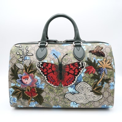 GUCCI(グッチ)リネア A バタフライ エンブロイダリー ボストンバッグ ハンドバッグ GGスプリーム フローラ 花柄 蝶 刺繍 ベージュ グリーン レザー シルバー金具 レディース 409527【中古】