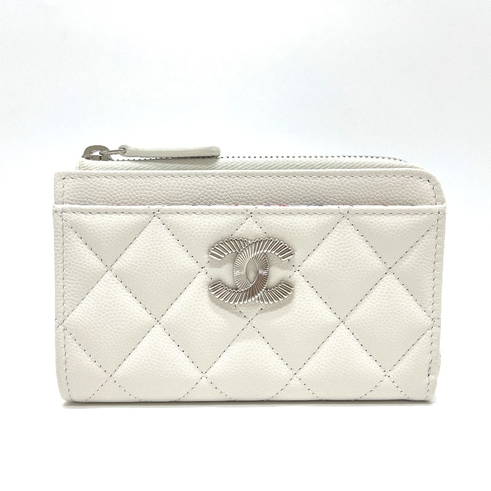 シャネル CHANEL ココマーク フラグメントケース マトラッセ カードケース ミニ財布 コインケース キャビアスキン ホワイト 未使用