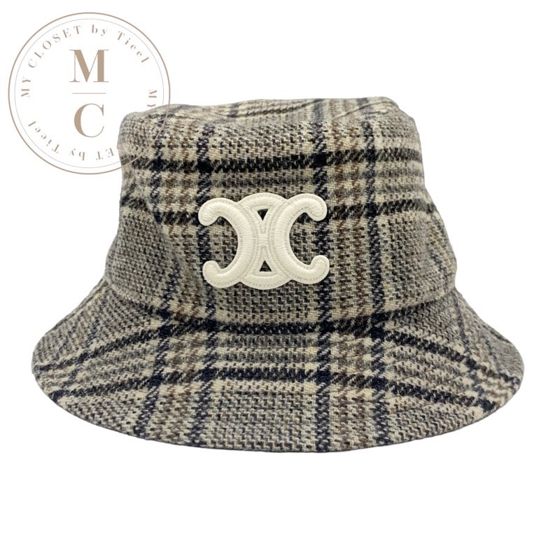 セリーヌ CELINE 帽子 ウール コットン ブラウン トリオンフ ロゴ チェック バケットハット