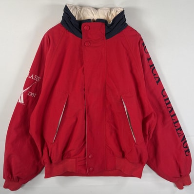 古着 90's/90年代 ノーティカ NAUTICA セーリングジャケット 袖ビッグ刺繍ロゴ フルジップ 収納フード L レッド メンズ