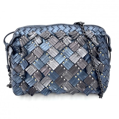 BOTTEGA VENETA(ボッテガヴェネタ)ノディーニ イントレチャート フリンジ スタッズ ショルダーバッグ ネイビー レザー レディース 【中古】