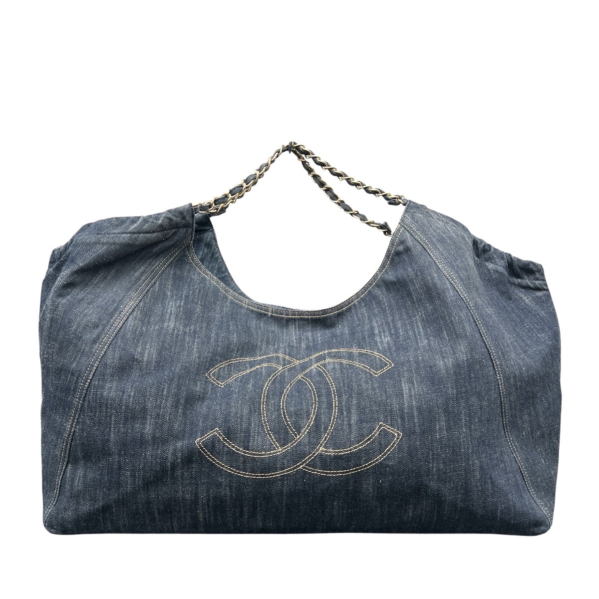 CHANEL 希少 美品 シャネル ココカバス デニム チェーン トートバッグ デカ ココマーク A35109 11番台シリアル デニム ネイビー ゴールド金具 ショルダーバッグ ヴィンテージ アンティーク レディース ABランク 鑑定済 中古 シャネルバッグ