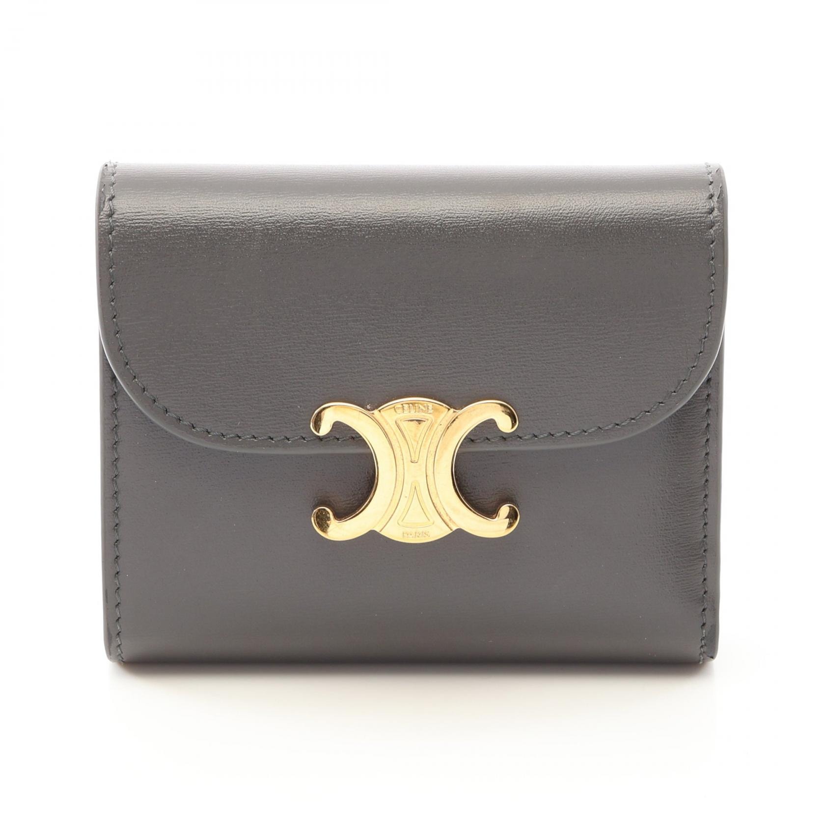 セリーヌ CELINE トリオンフ 三つ折り財布 財布 レザー レディース グレー系 【中古】