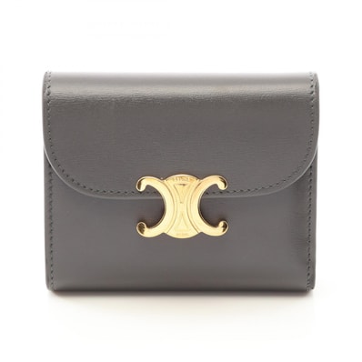 セリーヌ CELINE トリオンフ 三つ折り財布 財布 レザー レディース グレー系 【中古】