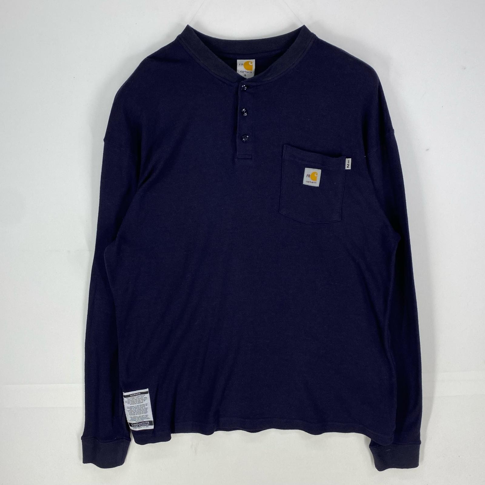 古着 カーハート Carhartt 長袖Tシャツ ワンポイント ヘンリーネック 胸ポケット ロンT L ネイビー系 メンズ