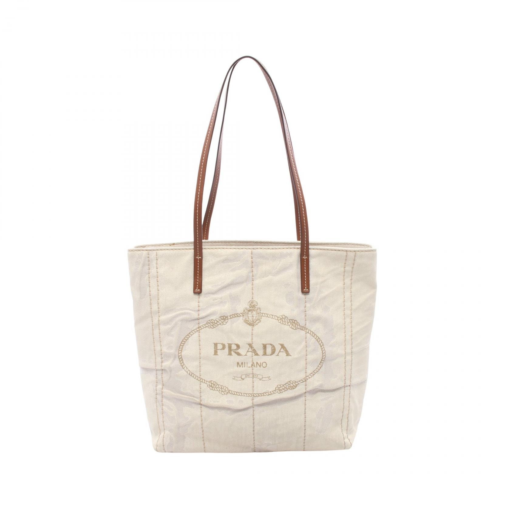 プラダ PRADA MISTOLINO+VITEL トートバッグ バッグ キャンバス レザー レディース アイボリー系 / ブラウン系 1BG347 【中古】