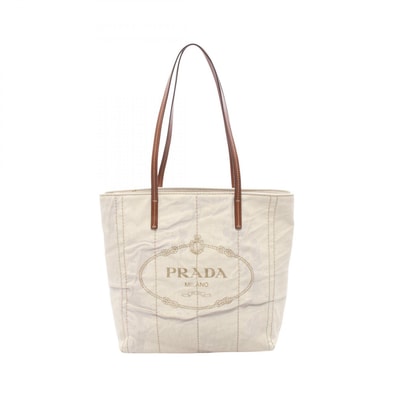 プラダ PRADA MISTOLINO+VITEL トートバッグ バッグ キャンバス レザー レディース アイボリー系 / ブラウン系 1BG347 【中古】