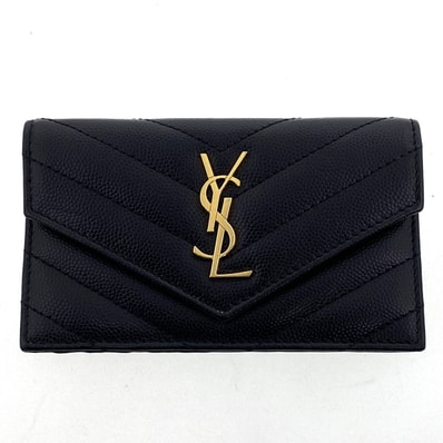 SAINT LAURENT サンローラン Vステッチ フラグメントケース コインケース 612808 レザー ブラック ゴールド金具 レディース【中古】
