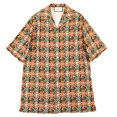 【未使用】GUCCI グッチ 半袖シャツ サイズ 48 メンズ GG ロゴ 総柄 オープンカラー ヴィンテージライク トップス マルチカラー オレンジ グリーン イタリア製