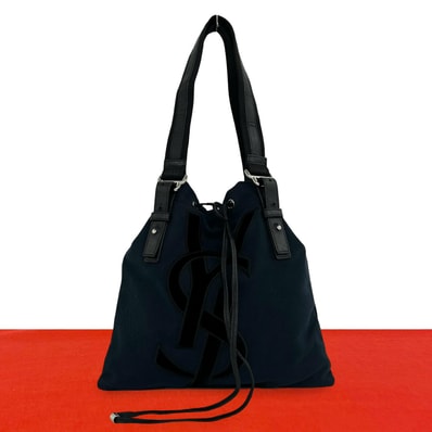 YVES SAINT LAURENT イヴ・サンローラン YSL ロゴ キャンバス レザー ベロア ハンドバッグ ネイビー
210-6