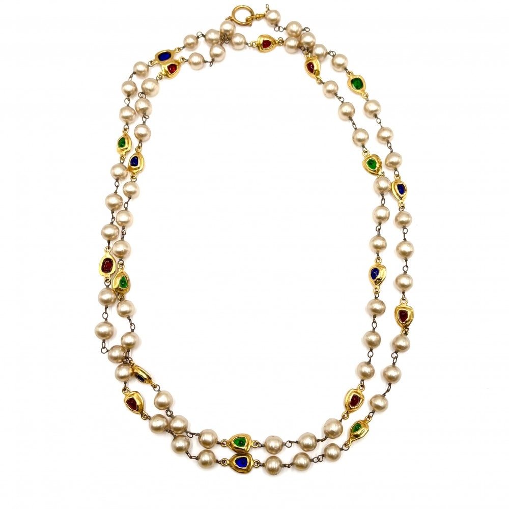 CHANEL シャネル ネックレス ロングネックレス グリポア アクセサリー ヴィンテージ GP  カラーストーン  フェイクパール  2 9 ゴールド マルチカラー レディース 約139.6g 1994年【中古品】
