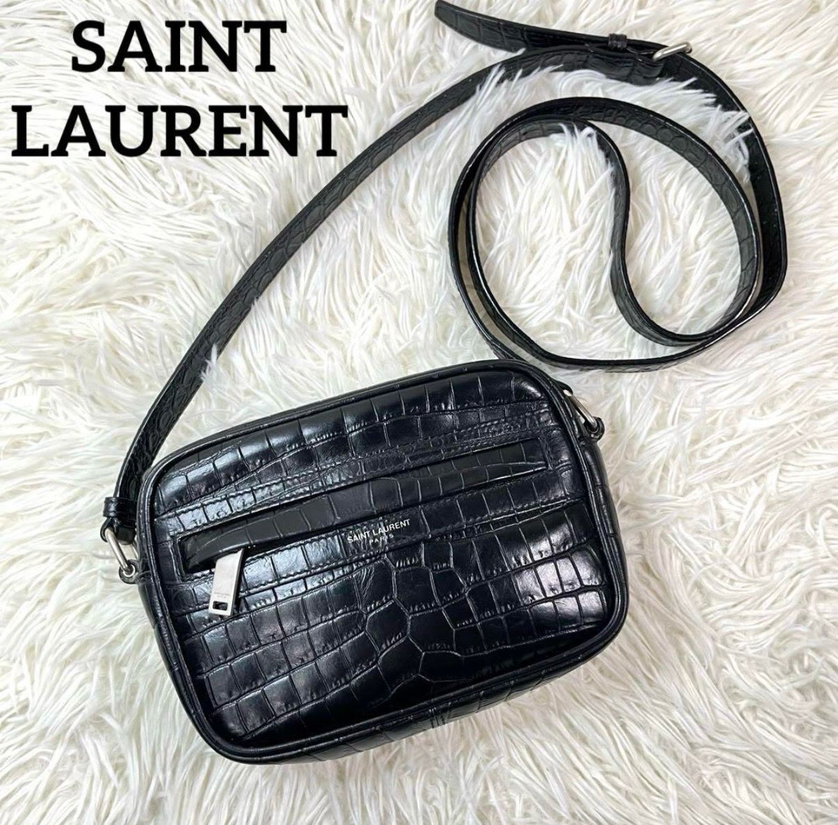 SAINT LAURENT Camp Camera Bag In Crocodile-Embossed Leather "Black"