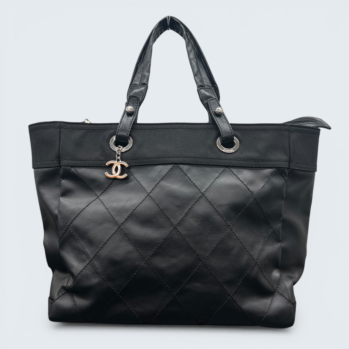 CHANEL 極美品 シャネル パリビアリッツ MM A34209 トートバッグ コーティングキャンバス レザー ナイロン 11番台シリアル ハンドバッグ シルバー金具 ココマーク Aランク 鑑定済 中古 シャネルバッグ