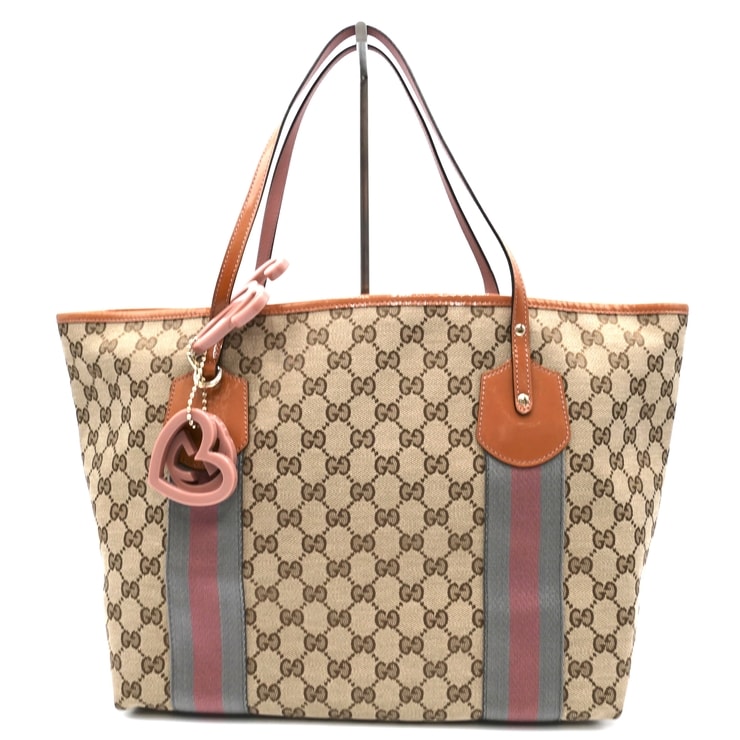 GUCCI(グッチ)GGキャンバス ジョリー トートバッグ ショルダーバッグ ベージュ ブラウン GG柄 シェリーライン レザー ハートチャーム付き 大容量 レディース 211971 520981【中古】