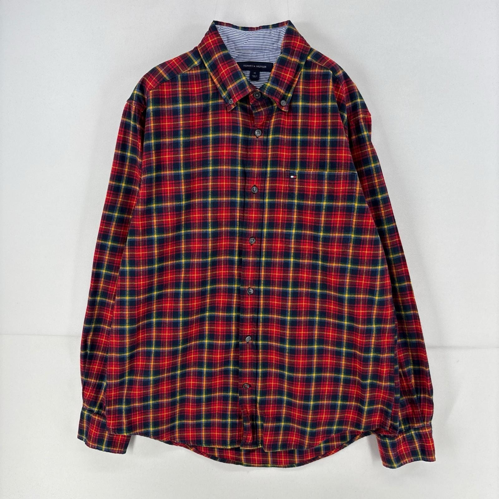 古着 トミーヒルフィガー TOMMY HILFIGER 長袖シャツ ワンポイント 胸ポケット ボタンダウン M  レッド チェック メンズ