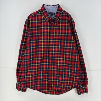 古着 トミーヒルフィガー TOMMY HILFIGER 長袖シャツ ワンポイント 胸ポケット ボタンダウン M レッド チェック メンズ