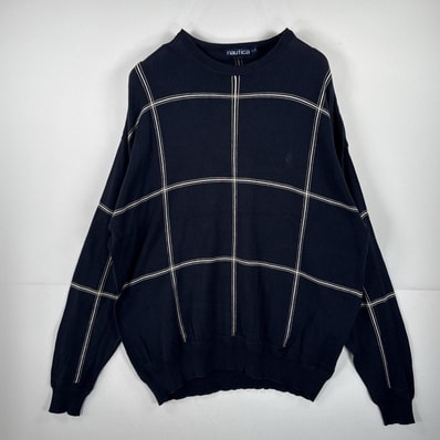 古着 90's/90年代 ノーティカ NAUTICA 長袖 ニット クルーネック セーター ワンポイント 刺繍 L ネイビー チェック メンズ