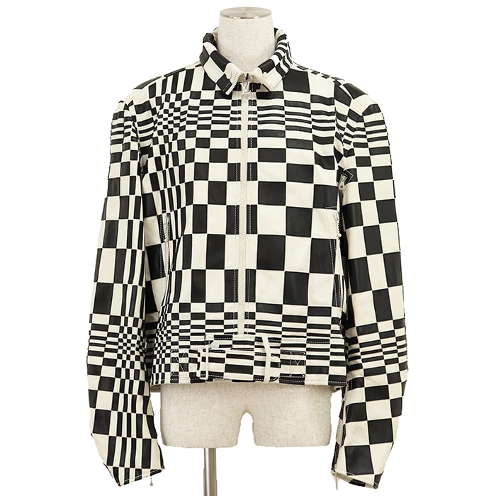 【未使用】LOUIS VUITTON ルイ・ヴィトン レザージャケット サイズ 58 メンズ チェック モノトーン アウター タグ・ハンガー・ガーメント付属 ホワイト ブラック 黒 白 イタリア製