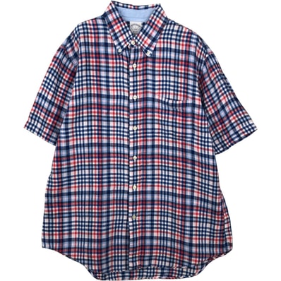 古着 ブルックスブラザーズ Brooks Brothers 1818 チェック柄 半袖 リネン ボタンダウンシャツ メンズL相当/eaa641802