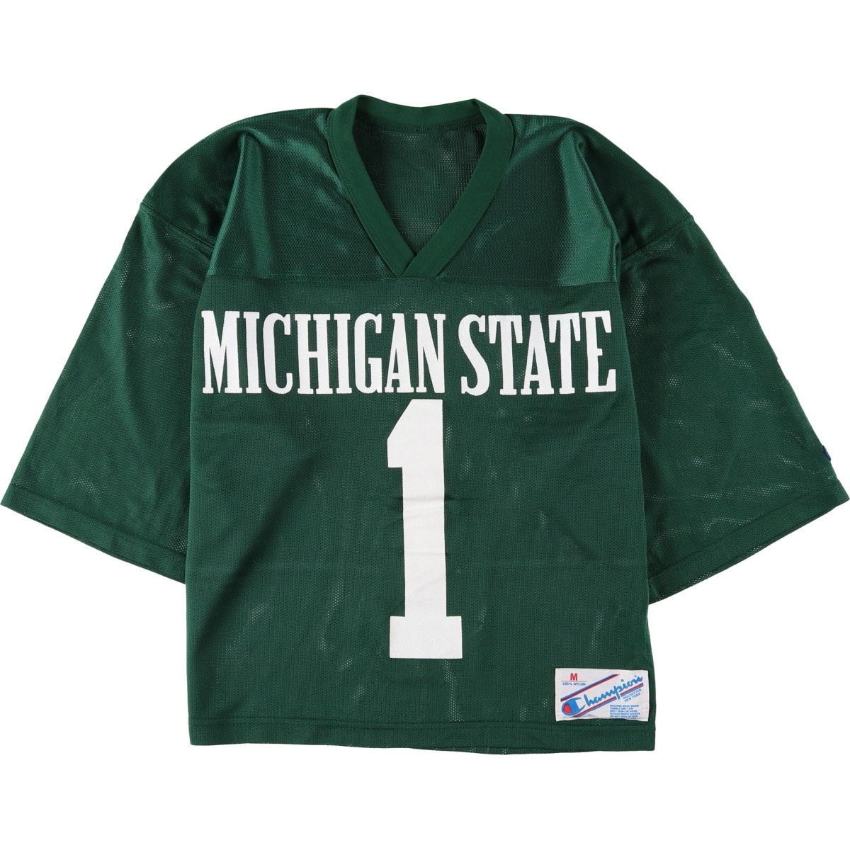古着 チャンピオン Champion MICHIGAN STATE ミシガン州立大学 カレッジ Vネック 七分袖 メッシュ ゲームシャツ USA製 レディースM相当/eaa641899
