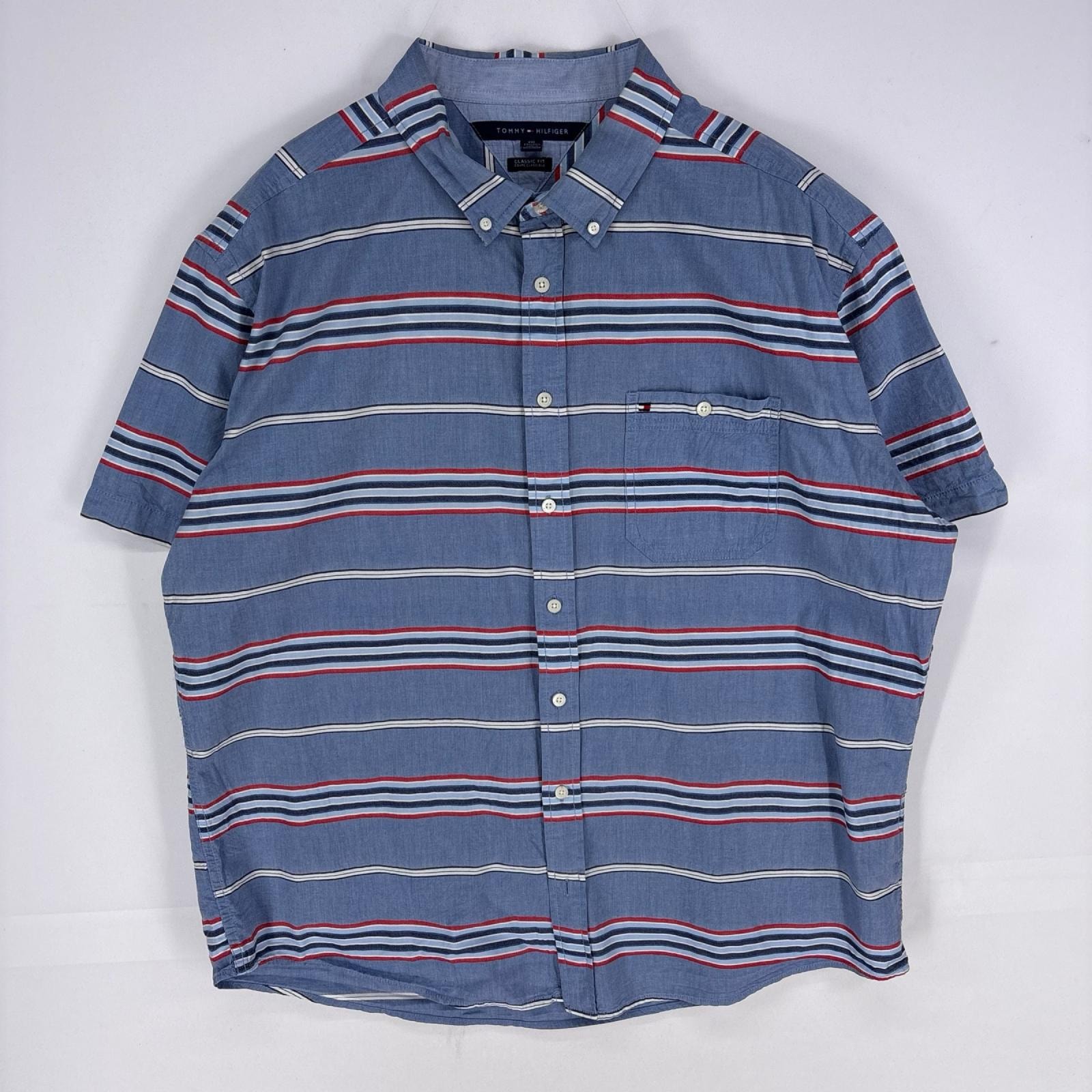 古着 トミーヒルフィガー TOMMY HILFIGER 半袖シャツ 胸ポケット ワンポイント ロゴ刺繍 2XL ブルー系 ボーダー メンズ